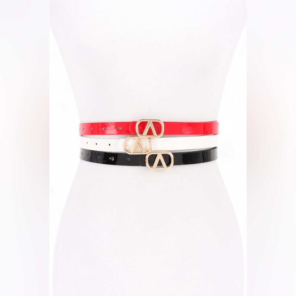 3 PC Vegan Patent Leather Skinny Statement Belt Set - Black, White, Red